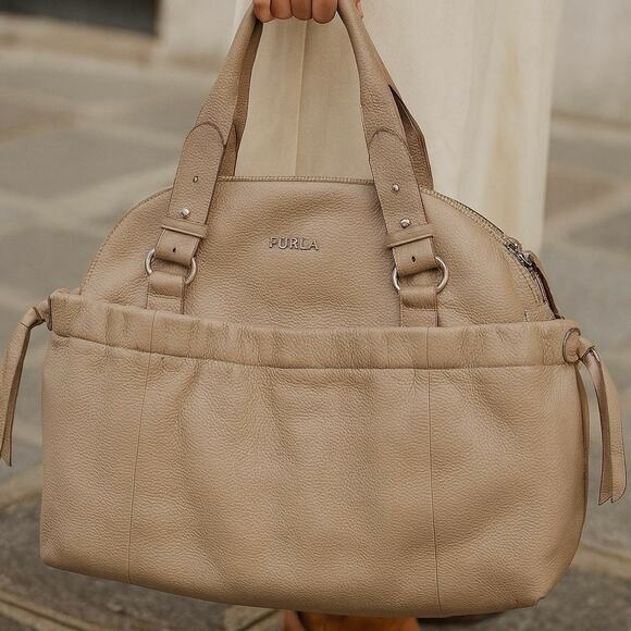 Furla Taupe Pebbled Leather Large Satchel Tote Bag – Classic Italian Designer - Picture 1 of 9